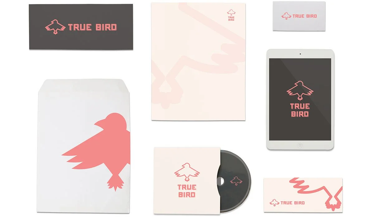 Brand identity mockup for True Bird: logo, stationery, packaging and device screens